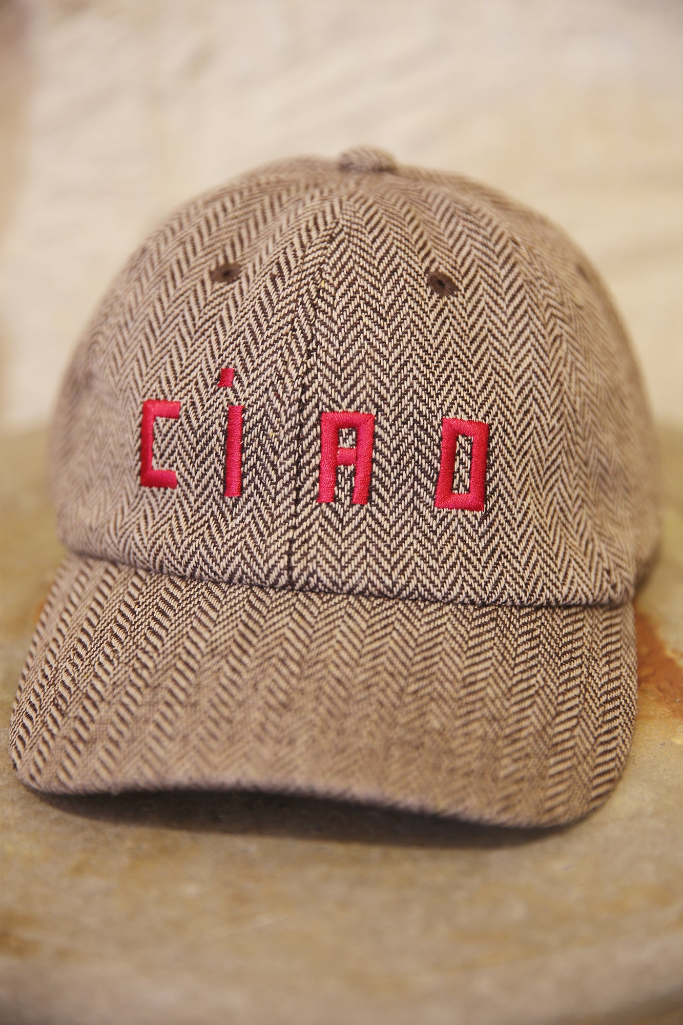 Wool Baseball Hat Taupe w/Super Red Embroidered Ciao