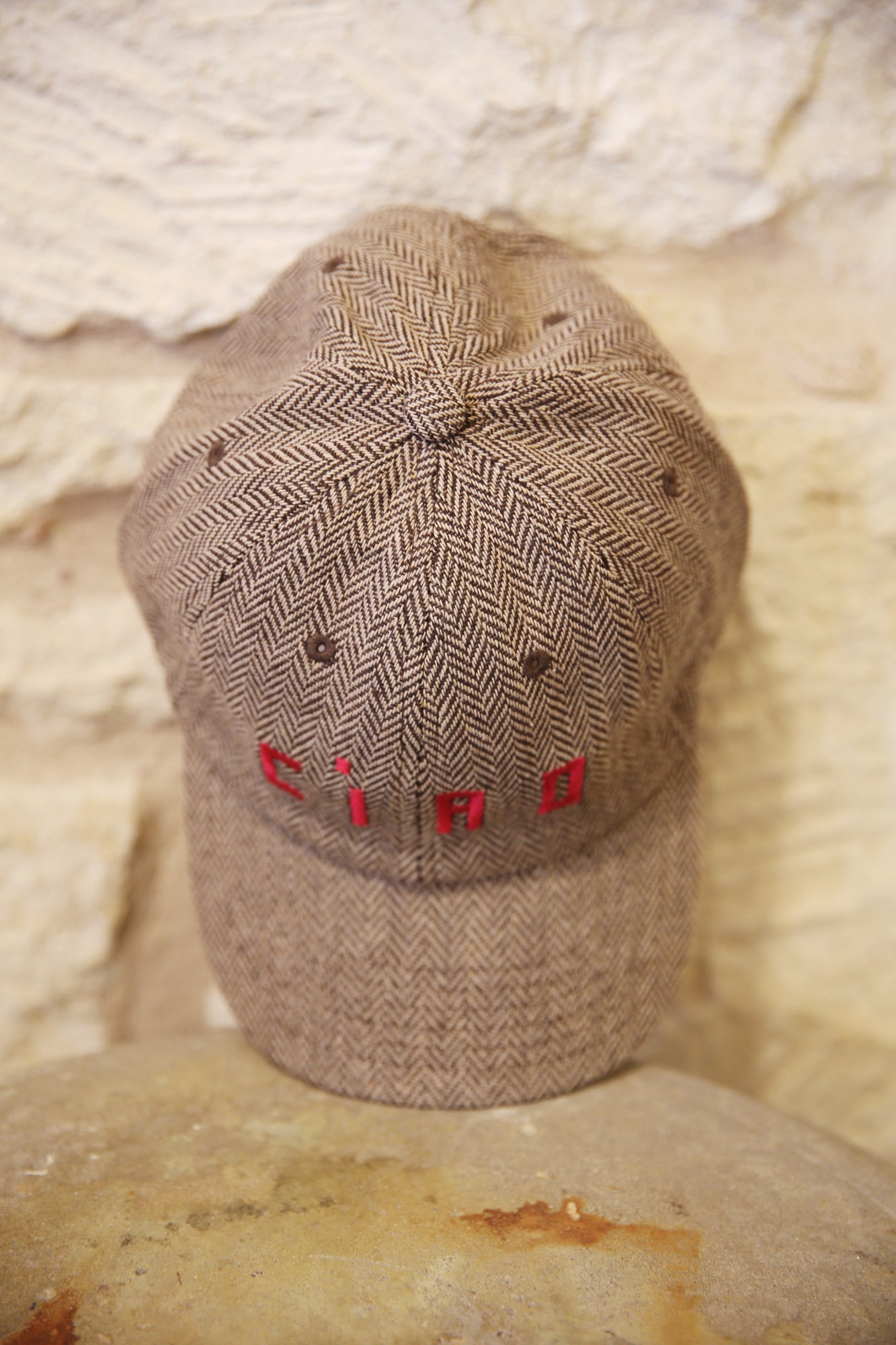 Wool Baseball Hat Taupe w/Super Red Embroidered Ciao