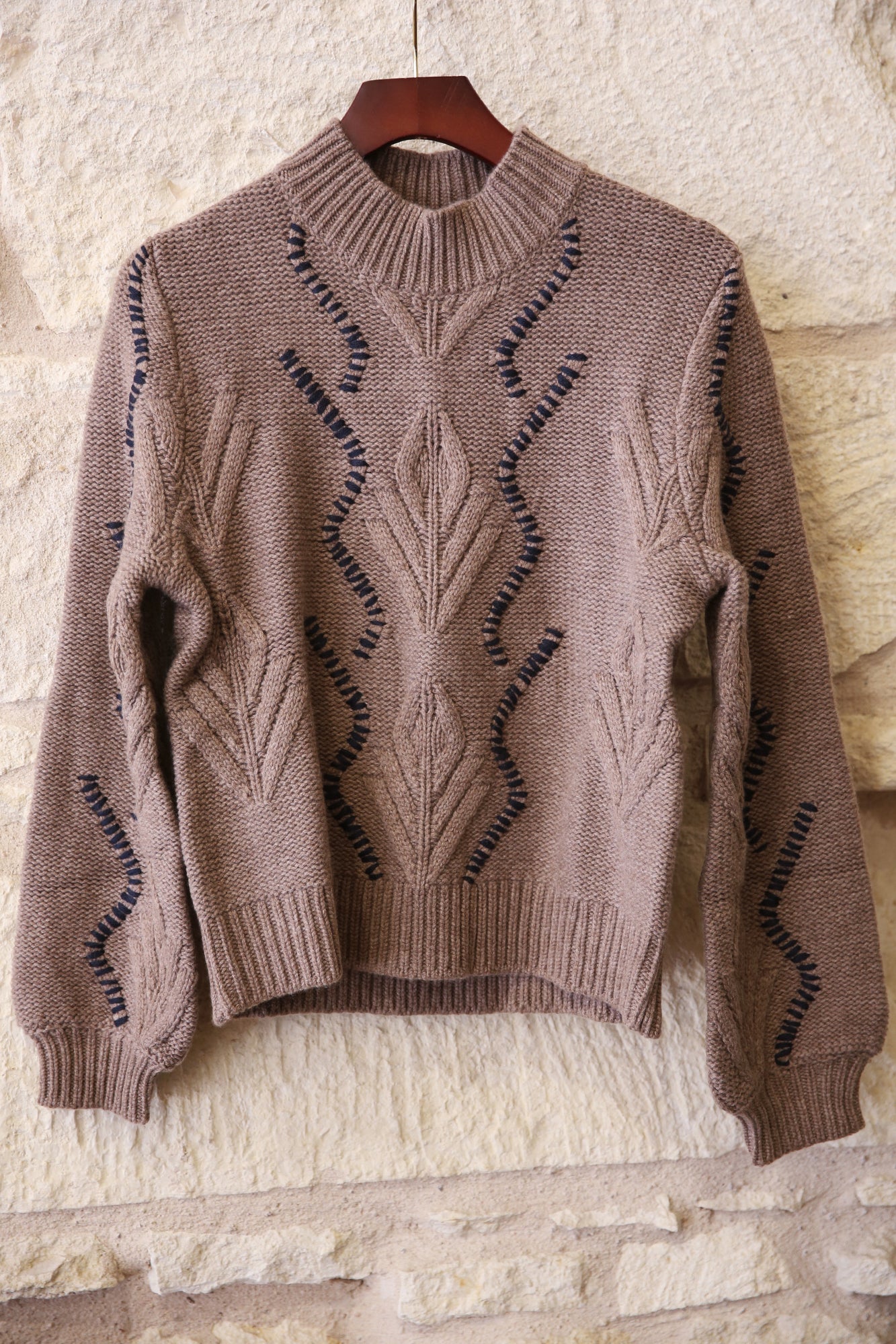 Wool Cashmere Overstitch Cable Turtle Sweater