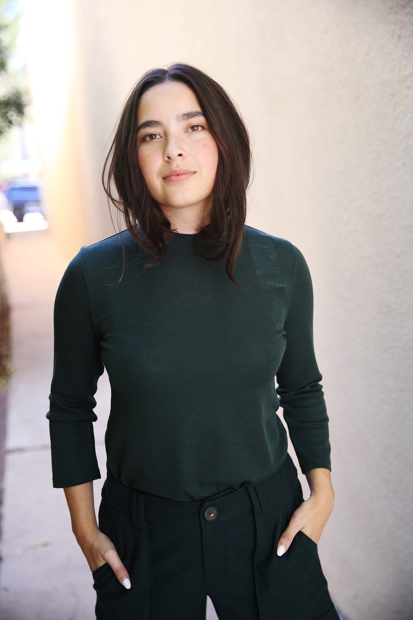Wool Three-Quarter-Sleeve Mock-Neck Top Marine Pine