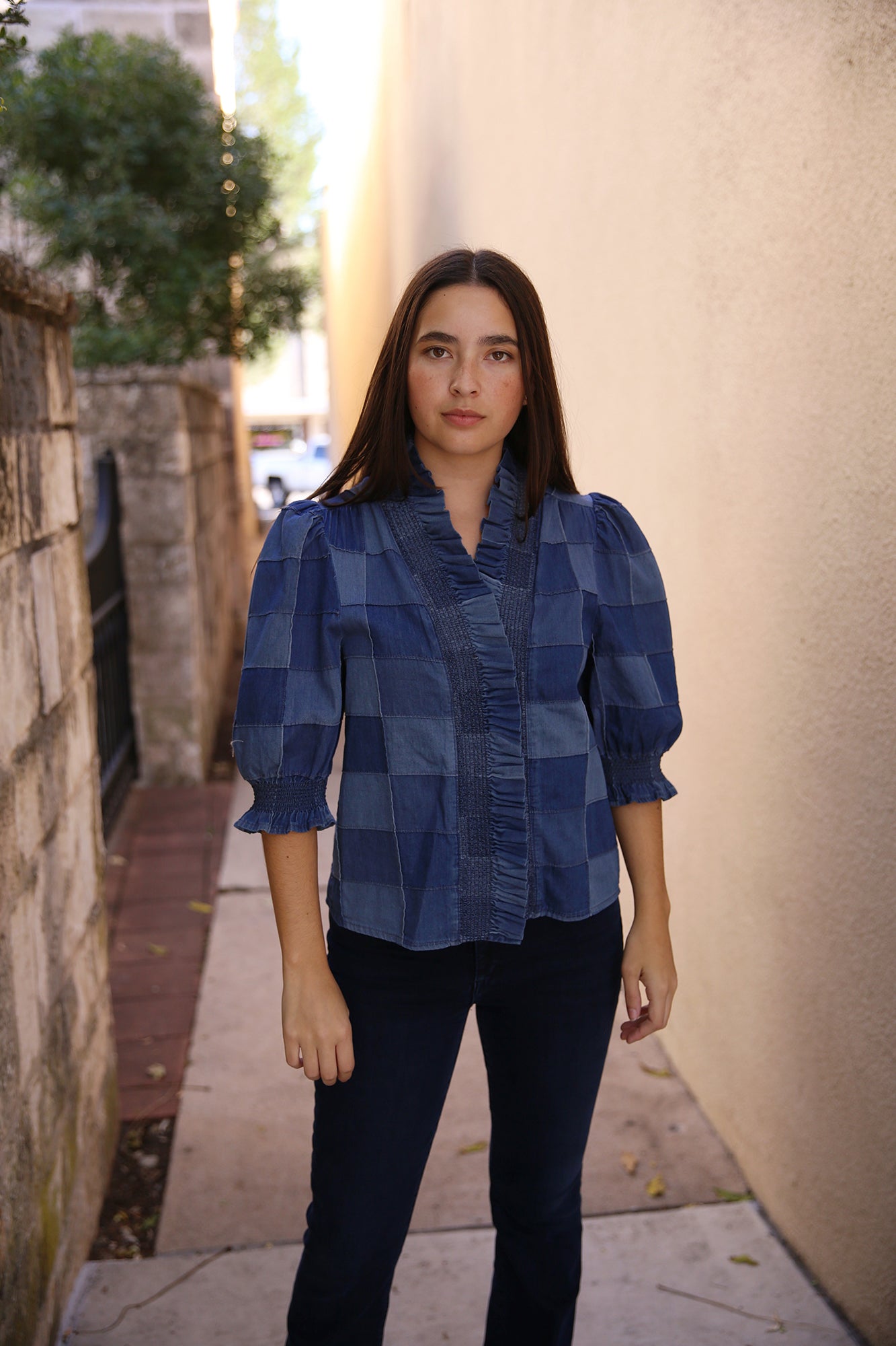 Zuri Top Short Sleeve Patchwork Denim