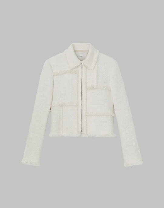 Bouclé Tweed Hand-Fringed Patchwork Cropped Jacket Cloud