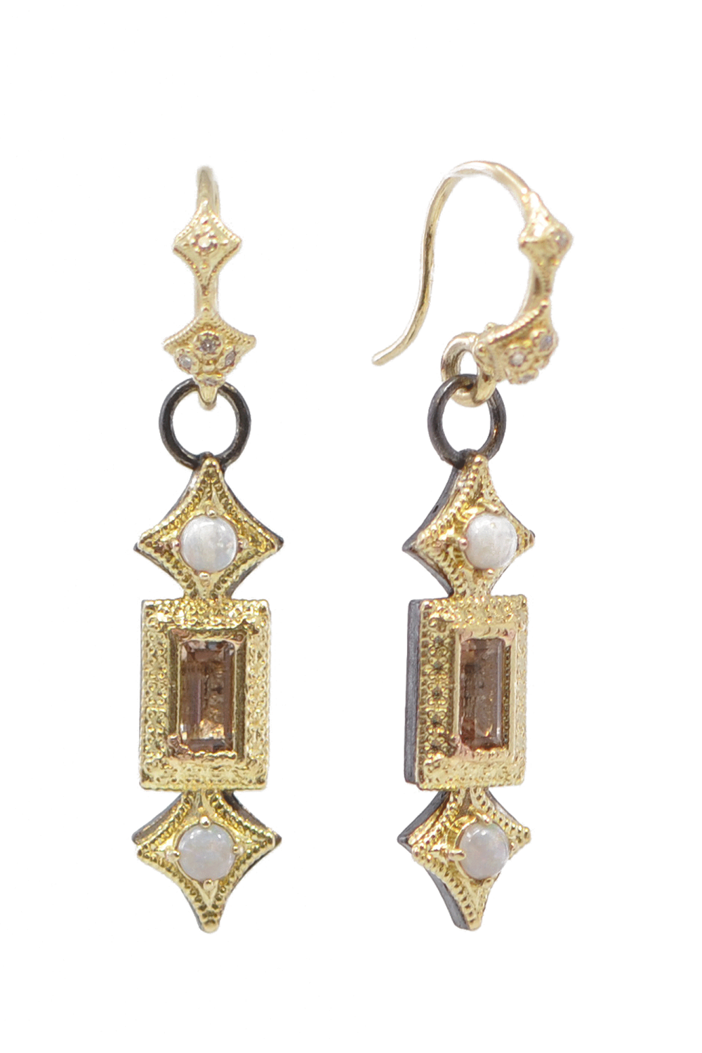 These unique 18K yellow gold gray sterling silver hook drop earrings from Armenta make a beautiful statement.